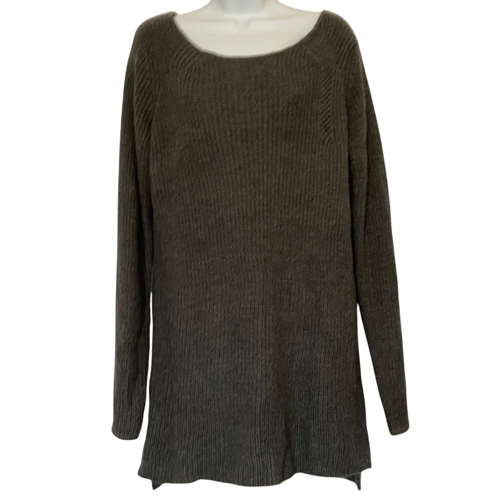Mary McFadden Collection Ribbed Tunic Sweater Olive Green Gray Long Sleeve Large